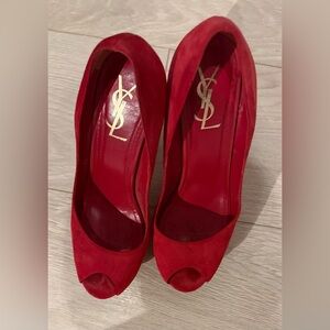 Yves Saint Laurent Red Suede Peep Toe Heels